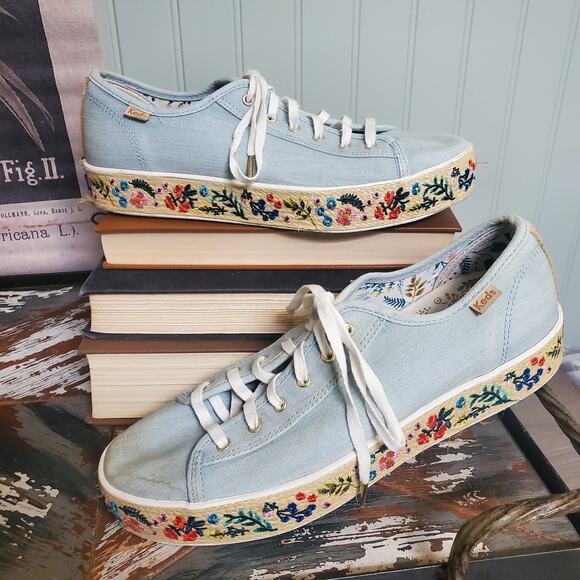 Keds Rifle Paper Co Triple Kick Blue Embroidered Floral Sneakers 8.5 Rosalie - Picture 1 of 15